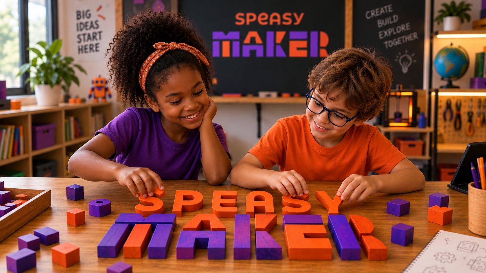 Crianças montando a palavra Speasy Maker com blocos