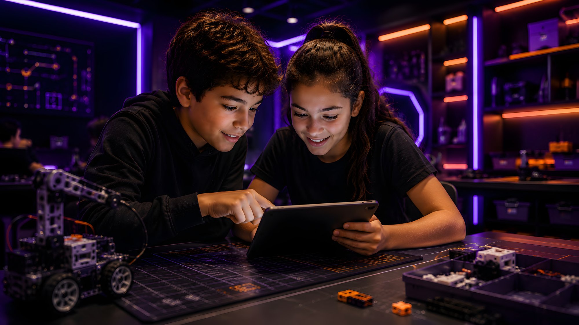 Dois alunos usando um tablet em laboratório com luz neon