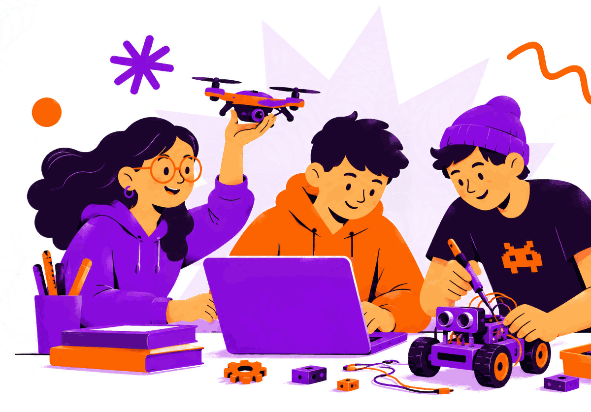 Adolescentes com drone, notebook e robô